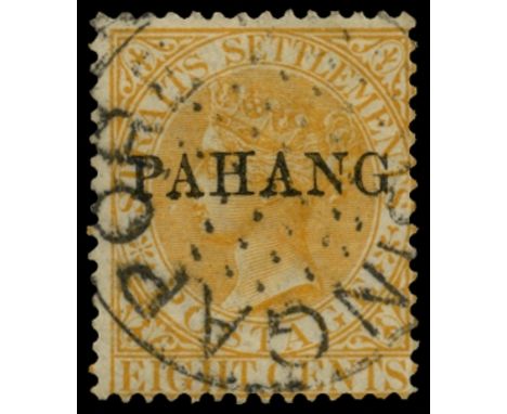 1889 8c orange with overprint type 1 (SG 2), fine used by large part SINGAPORE transit dotted circle cancel, a rare stamp of 