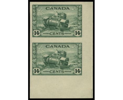 1942-48 War Effort, 14c dull green "Ram Tank", lower right corner marginal imperforate vertical pair (SG 385 var), very fine 