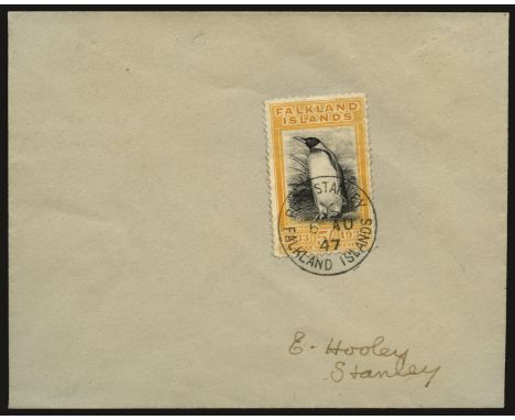 1933 Centenary  5s black and yellow (SG 136), affixed to small envelope and cancelled by favour with Port Stanley cds (Heijtz