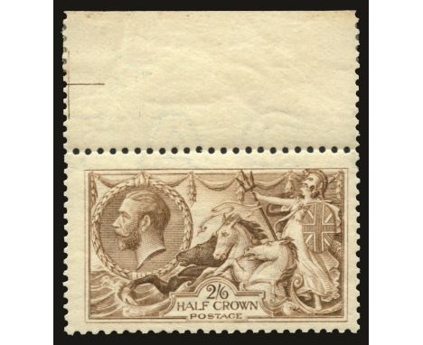 1918-19 2s 6d pale brown, Bradbury Wilkinson printing (SG 415a), upper marginal from R1/3, some gum creasing, hinged in margi