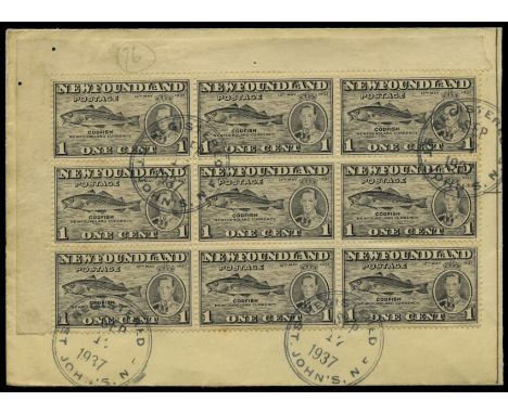 1937 Additional Coronation 1c grey, comb perf 13, upper left corner block of nine (3x3), lower left stamp (R3/3) showing 'Fis