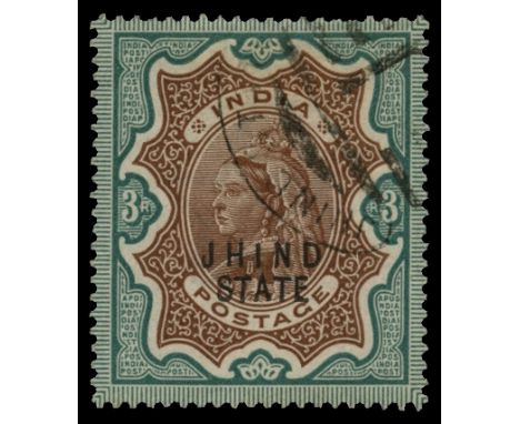 1886-99 3r brown and green (SG 34), lightly used by large part hooded 'J' obliterator which leaves portrait clear, odd short 