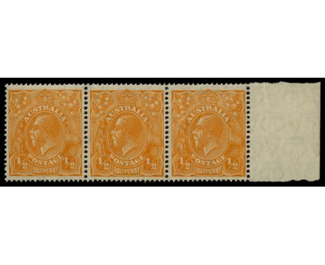 1926-30 King George V, watermark 7  perf 14, ½d orange right hand horizontal strip of three with inverted watermark (SG 85w),