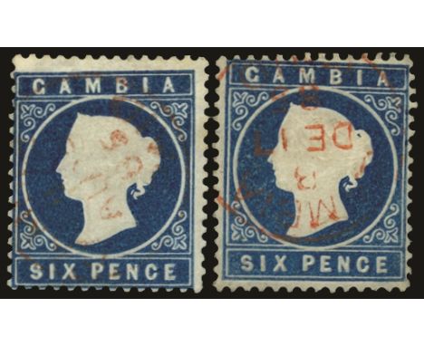 1880-81 watermark crown CC upright, comb perf 14 6d deep blue, two examples, one with sloping label to left (R1/1), the other