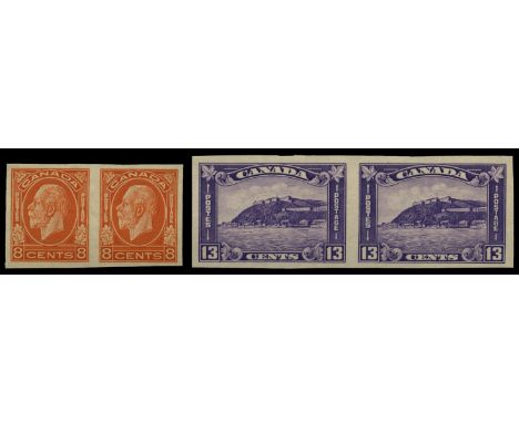 1932-33 1c green to 13c bright violet in imperforate horizontal pairs (SG 319/25 vars), most with typical gum toning and also