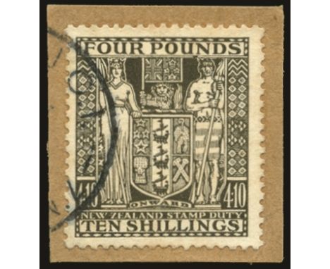 Postal Fiscal; 1931-40 'Arms' £4 10s deep olive-grey (SG F167), tied to small piece by part cds, a couple of shortish perfs b