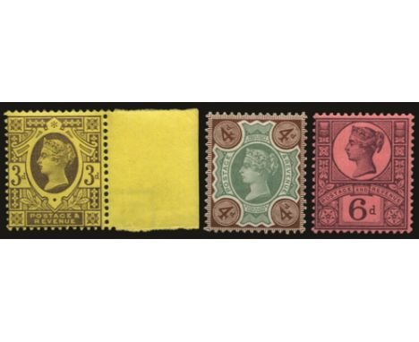 1887-1900 "Jubilee" 3d deep purple/yellow, 4d green and deep brown and 6d purple/rose-red (SG 203, 205a, 208), 4d one shortis