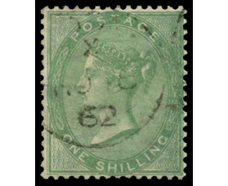 1855-57 watermark emblems, 1s green (SG 72) used by light cds with year date '62' visible, an uncommon stamp with cds, RPS ce