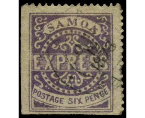 1877-80 2nd state, 6d bright violet (SG 6), lower left corner marginal used by light Apia cds for JUN 19 1878, small corner c