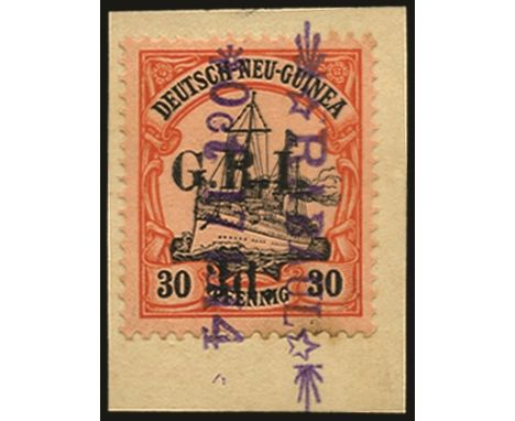 1914 (17 Oct)-15 Surcharge type I on German New Guinea, 'G.R.I.' and value 6mm apart, 3d on 30pf black and orange/buff, setti