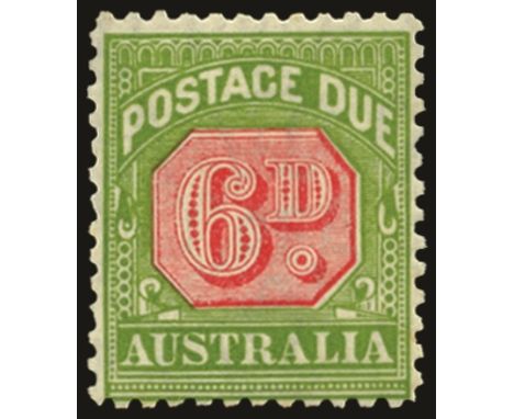 Postage Dues: 1931-36 perf 11, 6d carmine and yellow-green (SG D110), centred a little low and a trivial tone spot on reverse