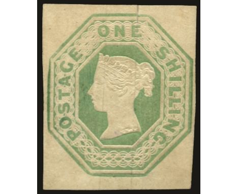 1847-54 1s pale green die 2 (SG 54), four clear to large margins, silk thread split at top which affects design, also light s