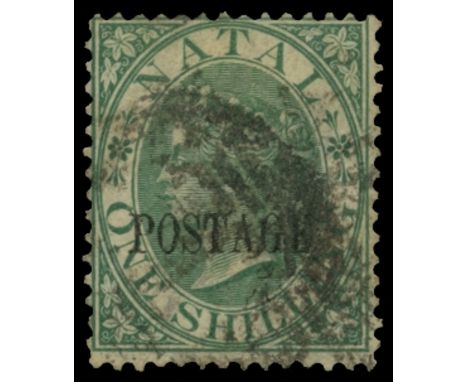 1869 1s green with 'Postage' overprint type 7a (SG 31), rather heavily used, however a rare stamp, BPA cert (2005), cat £1,80