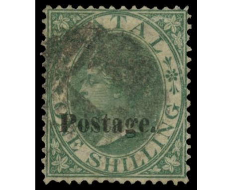 1869 1s green with 'Postage' overprint type 7b (SG 37), shortish perf at foot and rather heavily used, however a rare stamp, 