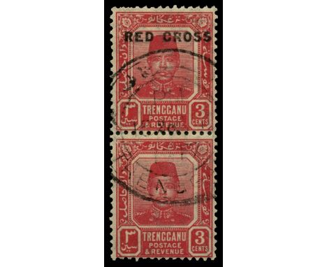 1917-18 Red Cross, 3c+2c carmine-red, vertical pair, lower stamp with surcharge omitted (SG 19f), some short perfs at top and