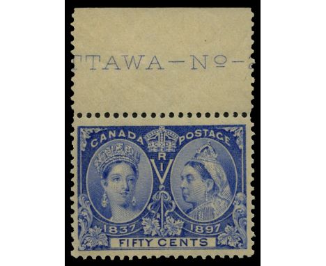 1897 Jubilee 50c bright ultramarine (SG 135), upper marginal with part plate number, one short perf and a few gum bends (most