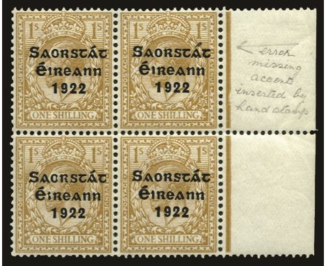 1922-23 1s bistre-brown with 'Thom' (type 5) overprint,  right hand marginal block of four, right stamp variety 'Accent inser