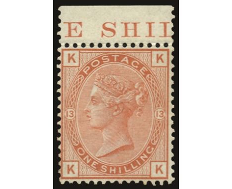 1873-80 1s orange-brown plate 13, watermark spray of rose (SG 151), interpane margin at top, a couple of shortish perfs but v