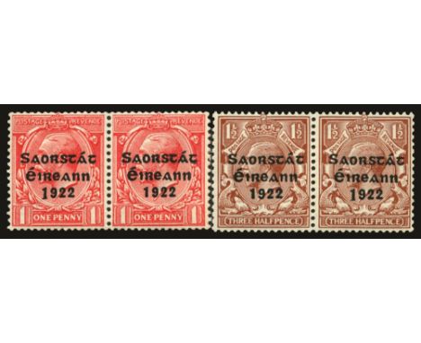 1922-23  1d scarlet and 1½d red-brown with 'Harrison' (type 5) overprints, in horizontal pairs each showing variety Long '1' 