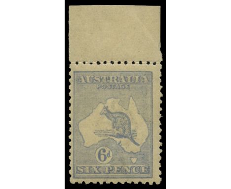 1915-27 Kangaroos, watermark 6, 6d bright ultramarine variety 'Leg of Kangaroo broken' (SG 38da), top marginal (pos 1/6) cent