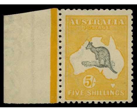 1915 Kangaroo, watermark 5, 5s grey and yellow (SG 30) left marginal, centred lower left, fresh u/m (hinged in margin), RPS c