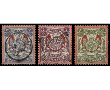 1904 'Monogram' 3r violet & red, 4r claret & red and 5r olive-brown & red (SG 222/4), 4r a hint of toning, used by cds (3r) o