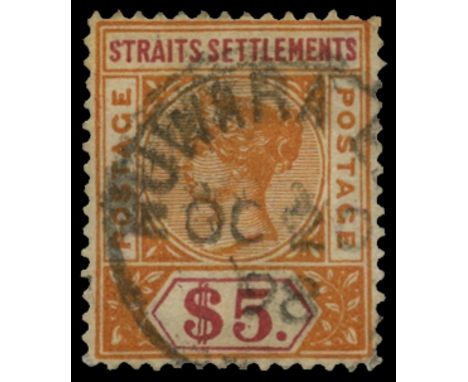 1892-99 $5 orange and carmine, a "Ceylon" forgery 'used' 'KUNWARA' cds for Oc 2 98, a fascinating item which was produced by 