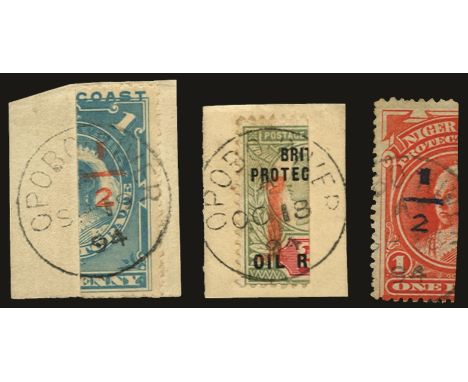1894 Opobo bisect provisionals, "½" (type 15) in red on half 1d pale blue perf 13½-14, "1" (type 16) in vermilion on half 2d 