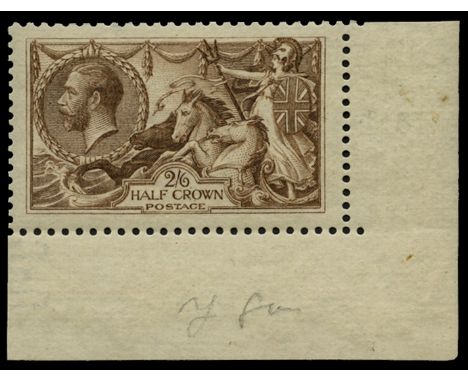 1918-19 2s 6d reddish brown, Bradbury Wilkinson printing on 'ribbed. paper (SG 415 var, Spec N65c (4)), lower right corner ma