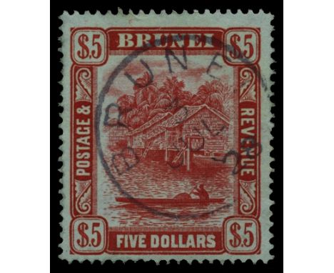 1908-22 $5 carmine/green (SG 47), light perf soiling, cancelled by favour with type D5 cds for 3 JUL 28, RPS cert (2000), cat