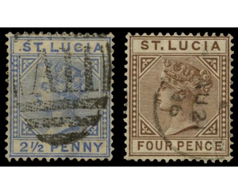 1883-86 die I, 2½d blue and 4d brown, each showing variety 'Top left triangle detached' (SG 33a, 34a), former used by light, 