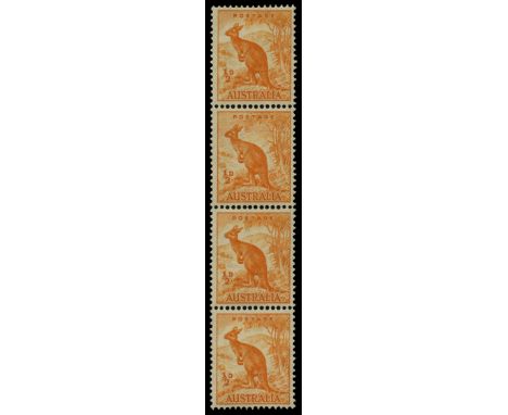 1948-56 ½d orange Kangaroo, vertical coil strip of four stamp two variety 'Sky retouch' (SG 228c/cb), fine u/m, RPS cert (200