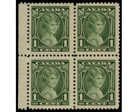1935 Sliver Jubilee 1c green, left marginal block of 4, lower left stamp (R3/1, plate 1, upper right pane) showing "Weeping P