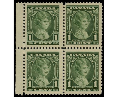 1935 Sliver Jubilee 1c green, left marginal block of 4, lower left stamp (R3/1, plate 1, upper right pane) showing "Weeping P