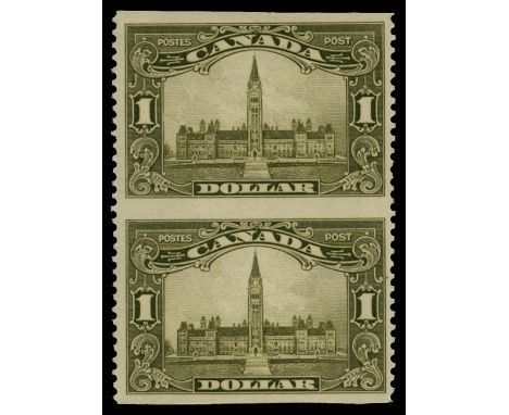 1928-29 $1 olive-green "Parliament Buildings", vertical pair imperforate horizontally (SG 285 var), odd trivial gum bend, u/m