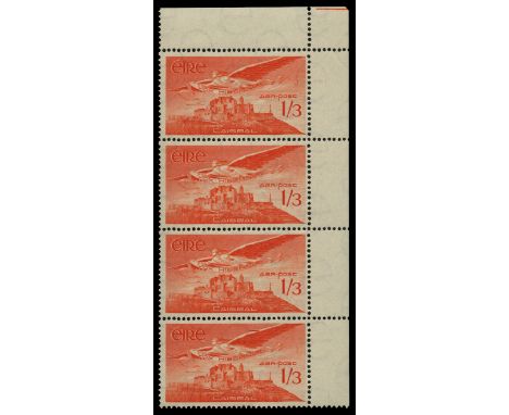 1948-65 Airmail 1s3d red-orange top right corner vertical strip of four, the bottom stamp showing variety 'Extra feather' (SG