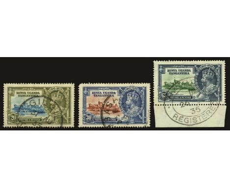 1935 Silver Jubilee 20c light blue and olive-green, 30c brown and deep blue and 65c green and indigo, each showing variety 'D