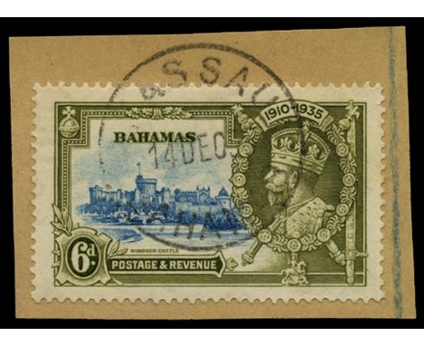 1935 Silver Jubilee 6d light blue and olive-green, variety 'dot to left of chapel' (SG 143g), tied to small piece by Nassau c