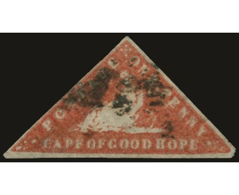 1861 Saul Solomon & Co "Wood-block" printing, 1d brick-red (SG 13b) used by smudged part triangular obliterator, just touched