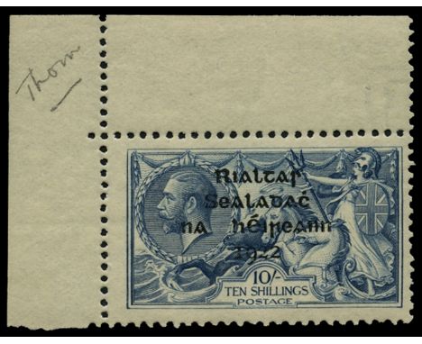 1922 10s dull grey-blue 'Seahorse' with type 3 overprint by Thom in shiny blue-black (SG 46), top left corner marginal, light