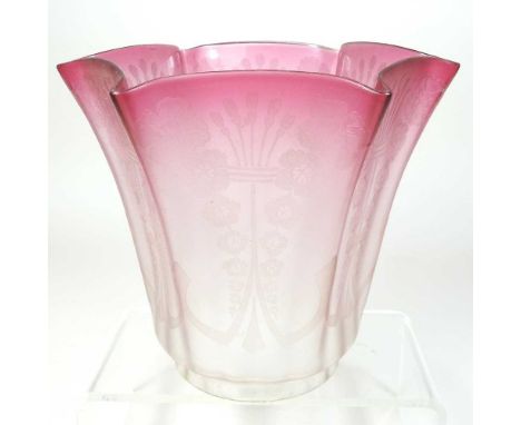 A red glass oil lamp shade, of flared shape, with etched decoration, 18cm highCondition report: Generally dirty, but appears 