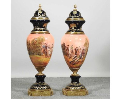 A pair of large Naples style vases, each decorated with Napoleonic scenes, with brass mounts, 104cm high (2)Condition report: