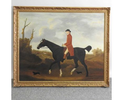 English school, 20th century, an 18th century gentleman on horseback, oil on canvas, inscribed to the reverse Tim K Brown 198