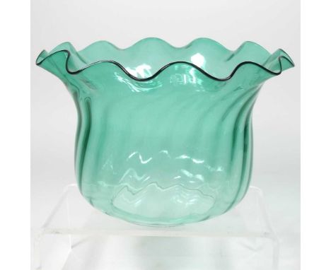A green glass oil lamp shade, of frilled design, 15cm highCondition report: Aperture four inches wide.