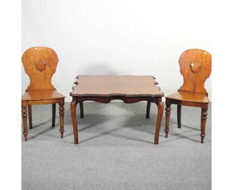 An Edwardian shaped square occasional table, 90w cm together with a pair of Victorian light oak hall chairs