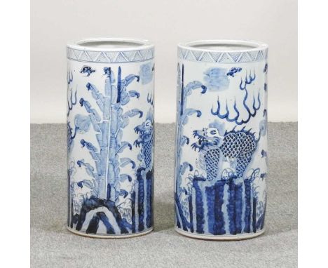 A pair of modern Chinese blue and white porcelain stick stands, each 55cm high (2)