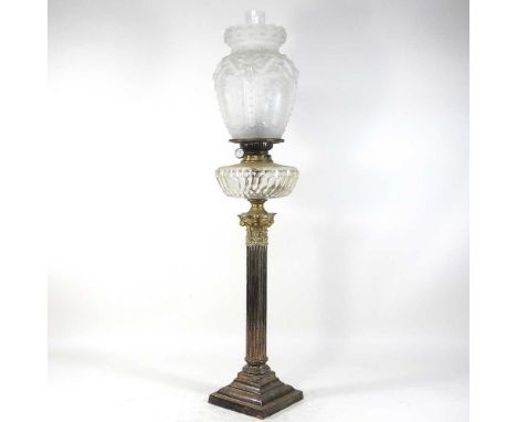 An 19th century silver plated Corinthian column oil lamp, inscribed J. Holgate &amp; Co, 20 St Marys, Manchester, with an opa