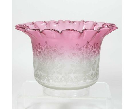 A red glass oil lamp shade, with a frilled rim and etched decoration, 14cm highCondition report: Overall dirty, with some ver