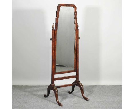 An early 20th century walnut cheval mirror, on a splayed base, 155cm highCondition report: Overall clean, solid and usable. O
