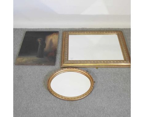 English school, 20th century, portrait of a man standing, oil on board, 72 x 54cm, together with a gilt framed wall mirror an